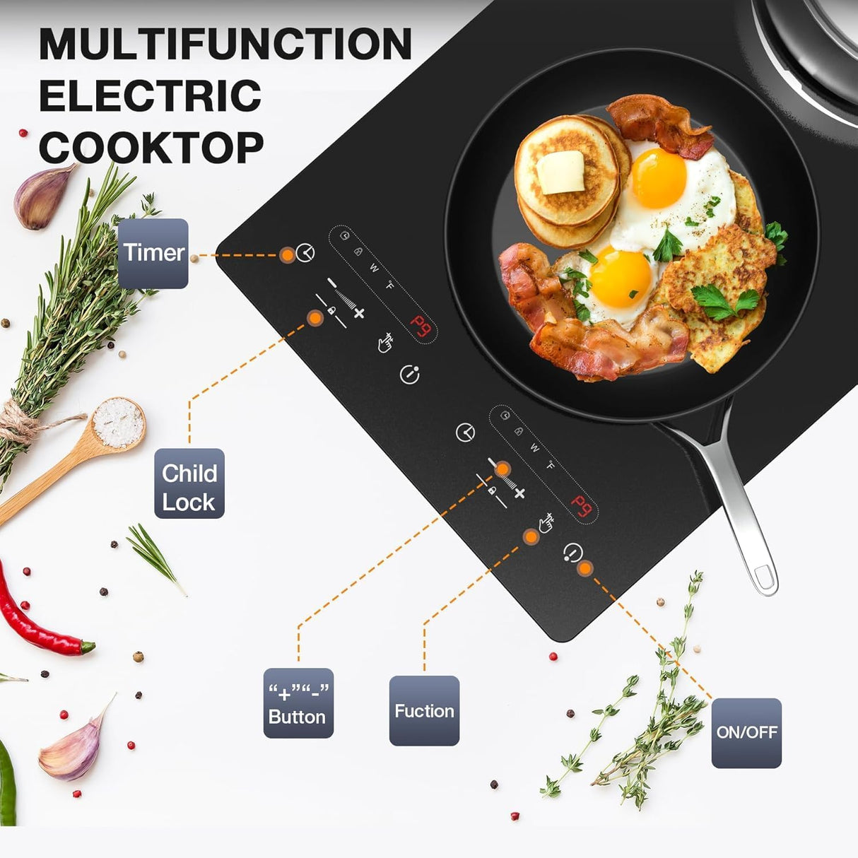 2100W Two Burner Electric Cooktop with Countertop and Built-in Design and 9 Power Levels