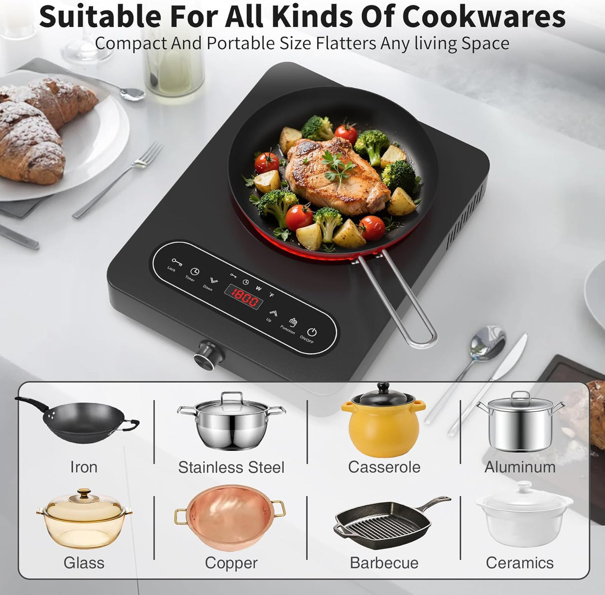 1800W Single Burner Portable Electric Cooktop with LED Touch Controls and Knob Controls
