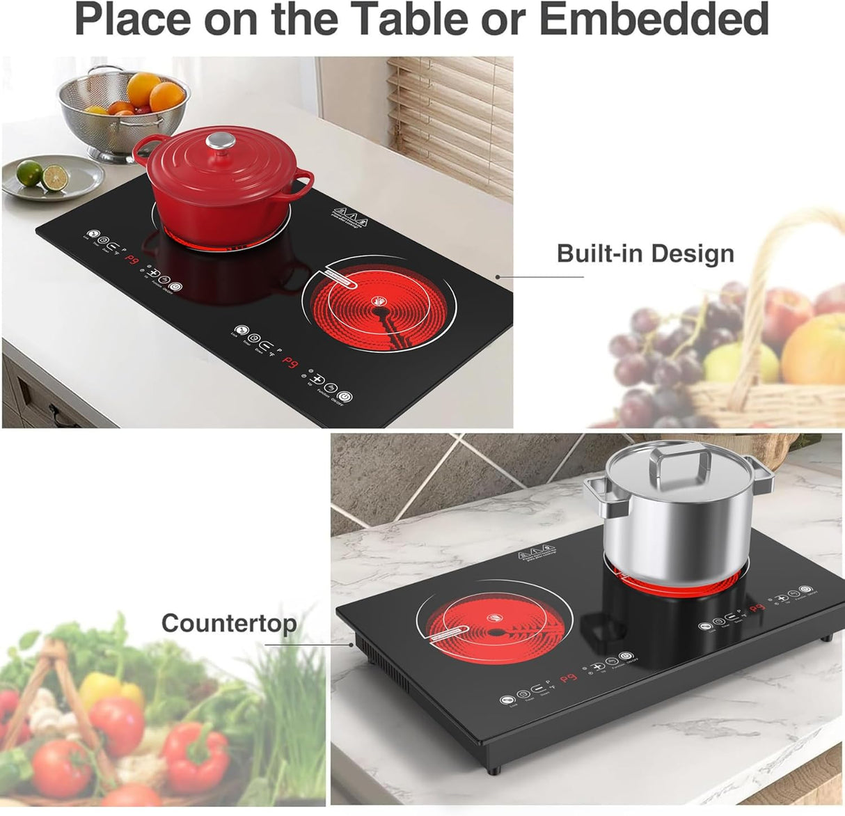 2400W Two Burner Electric Cooktop with Separate Touch Control and 9 Heating Level