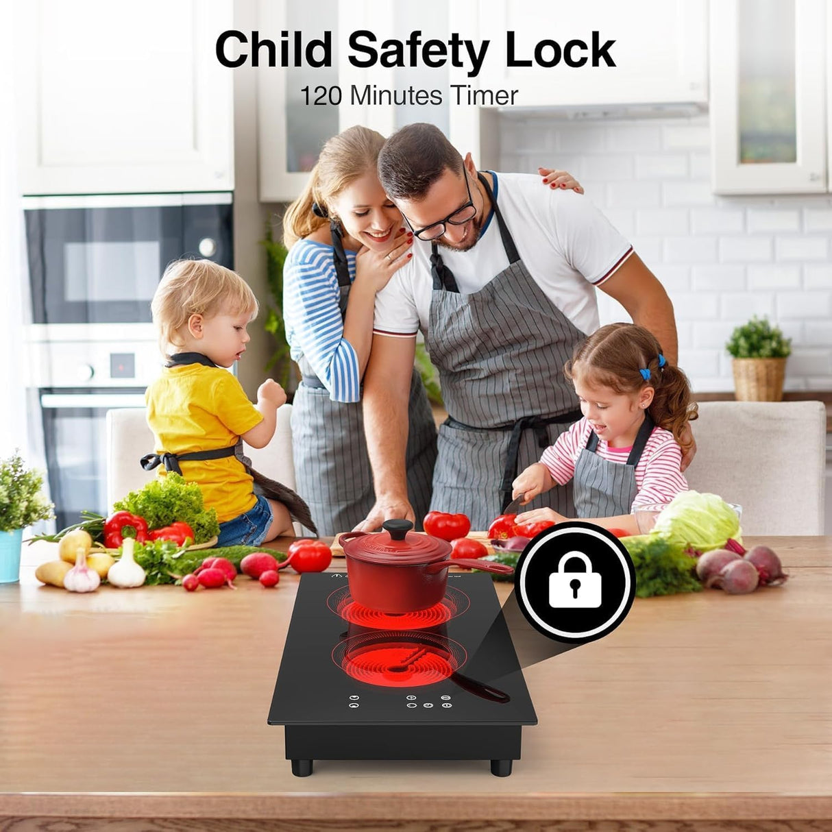 3000W Two Burner Electric Cooktop with Built-in & Countertop Portable Design