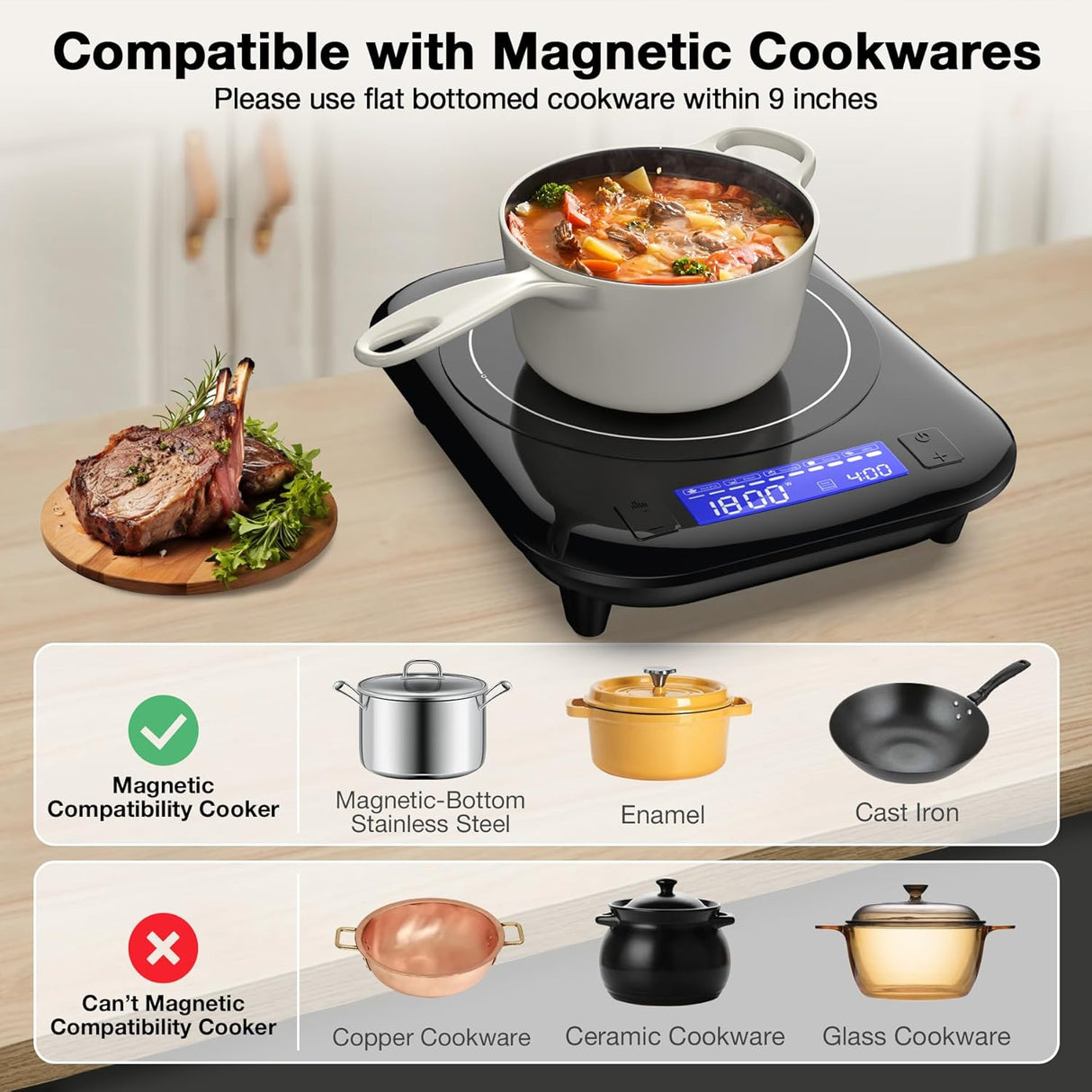 1800W Single Burner Portable Induction Cooktop with 5 Cooking Modes and LCD touch control