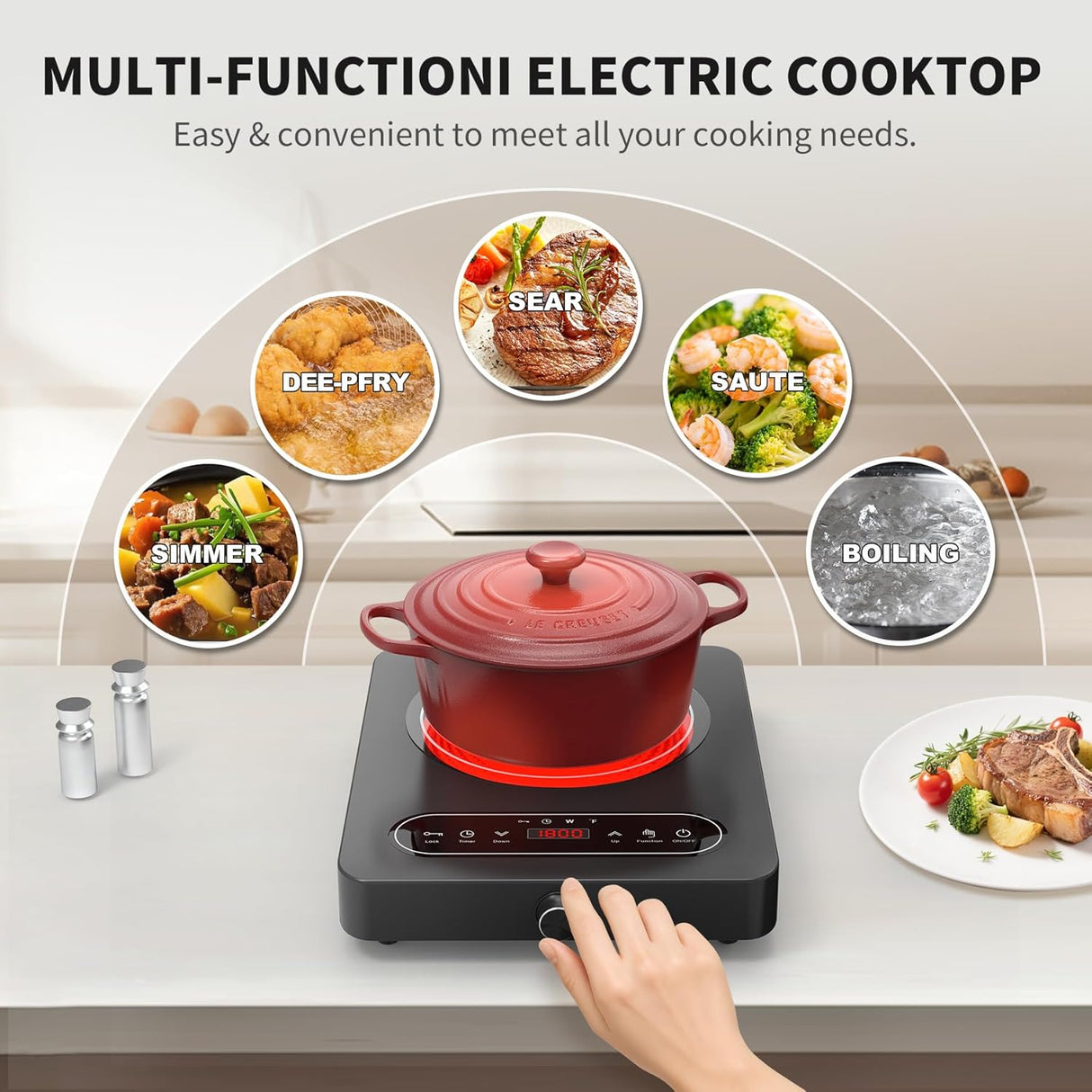 1800W Single Burner Portable Electric Cooktop with LED Touch Controls and Knob Controls