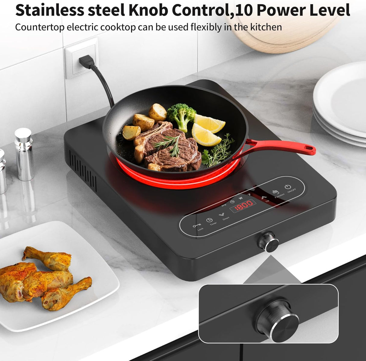 1800W Single Burner Portable Electric Cooktop with LED Touch Controls and Knob Controls