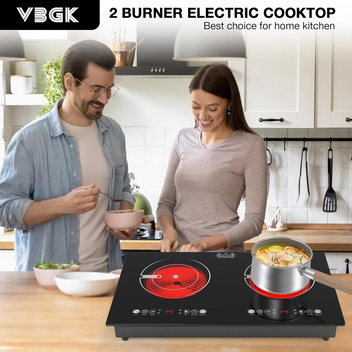 2400W Two Burner Electric Cooktop with Separate Touch Control and 9 Heating Level