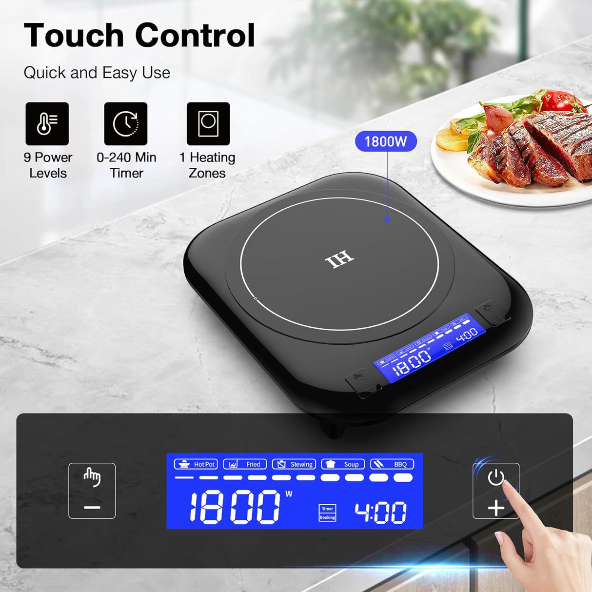 1800W Single Burner Portable Induction Cooktop with 5 Cooking Modes and LCD touch control
