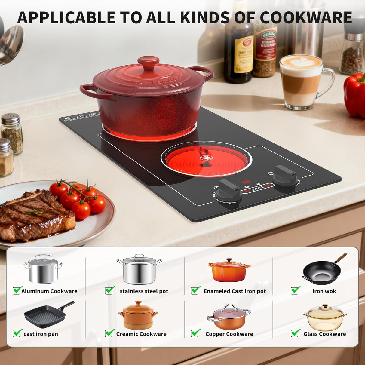 2100W Two Burner Electric Cooktop Knob Control and Touch Control