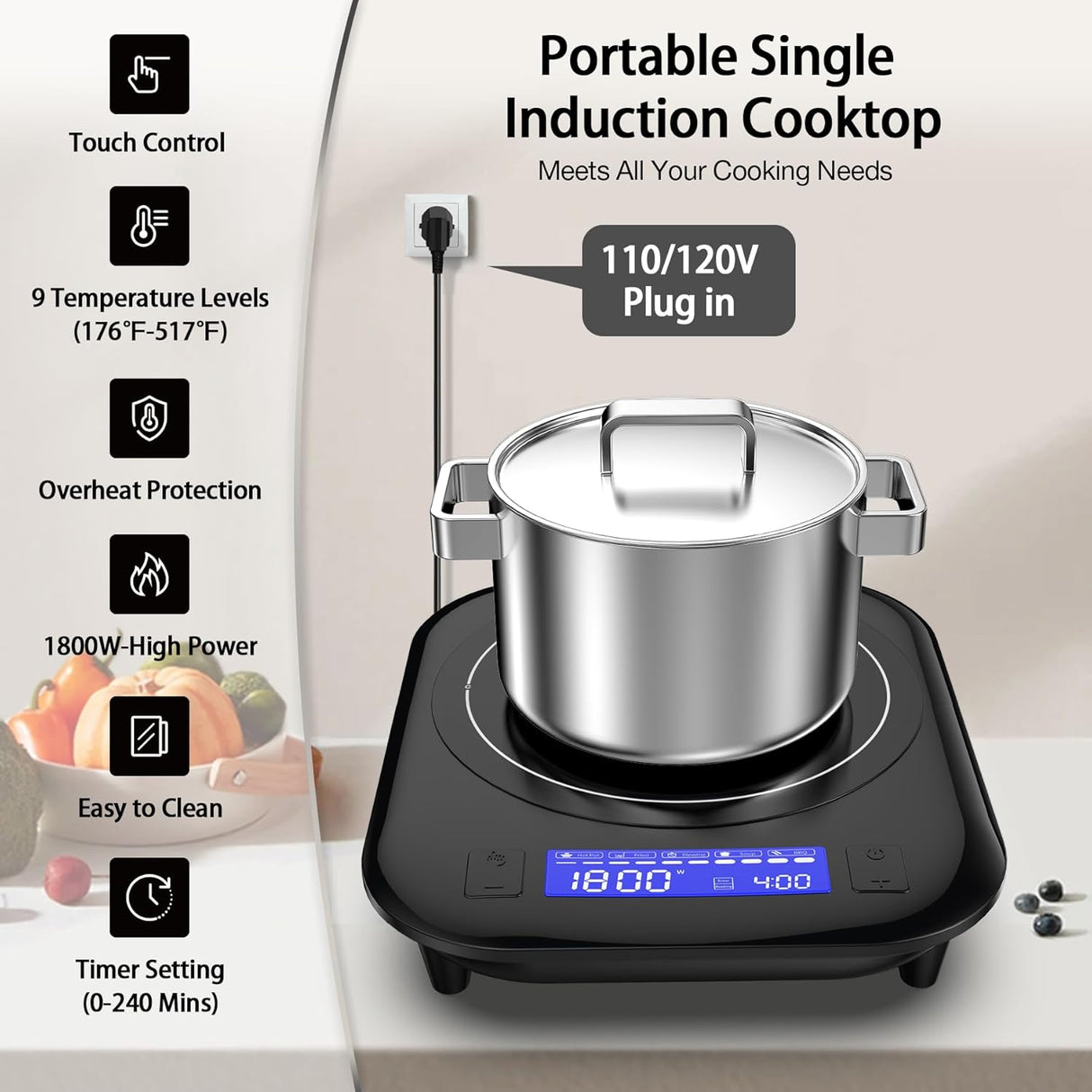 1800W Single Burner Portable Induction Cooktop with 5 Cooking Modes and LCD touch control