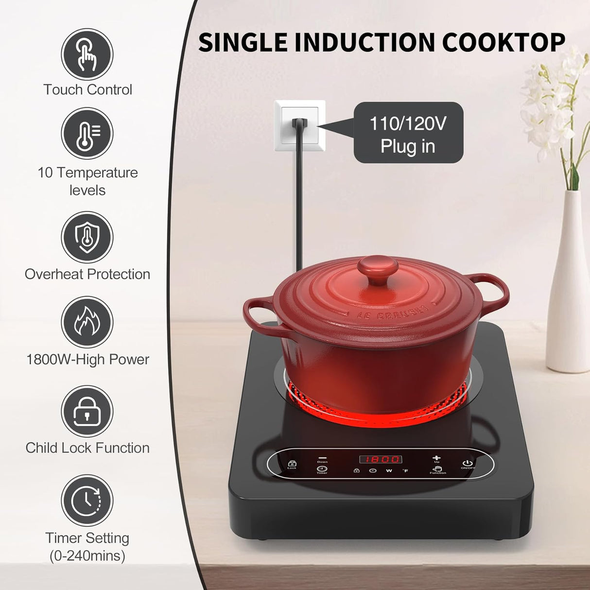 1800W Single Burner Electric Cooktop with LED Touch Control