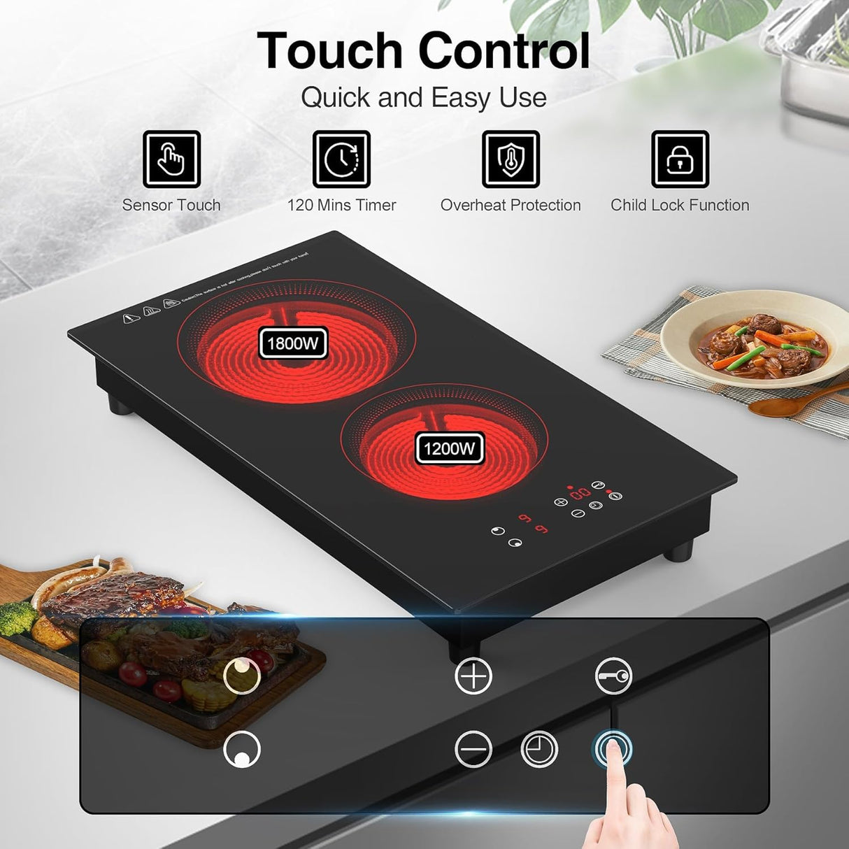 3000W Two Burner Electric Cooktop with Built-in & Countertop Portable Design