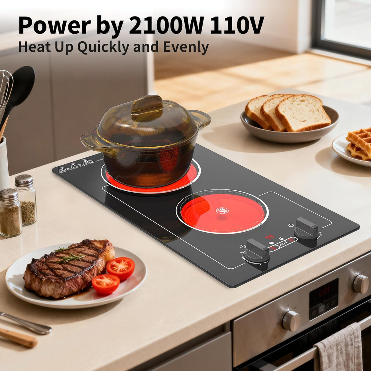 2100W Two Burner Electric Cooktop Knob Control and Touch Control