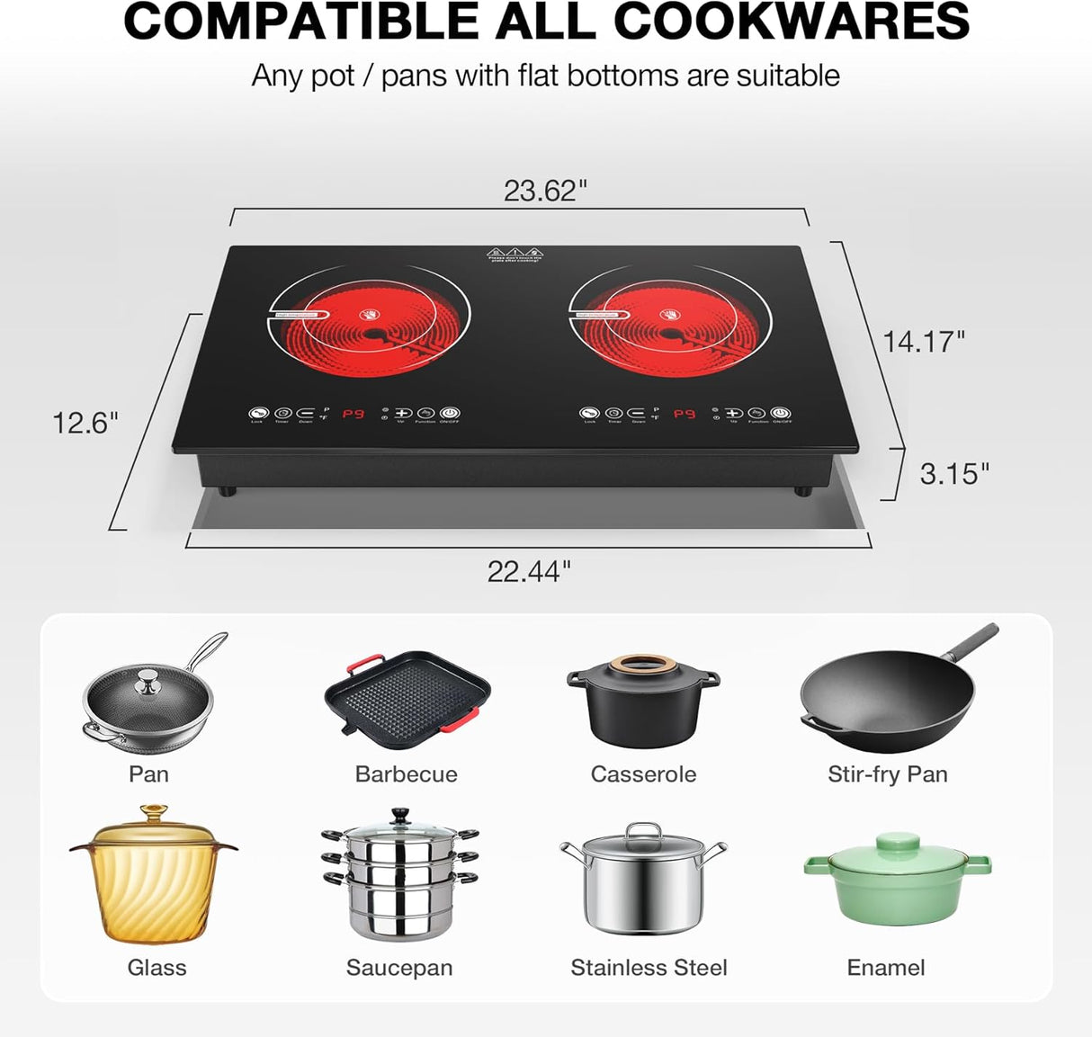 2400W Two Burner Electric Cooktop with Separate Touch Control and 9 Heating Level