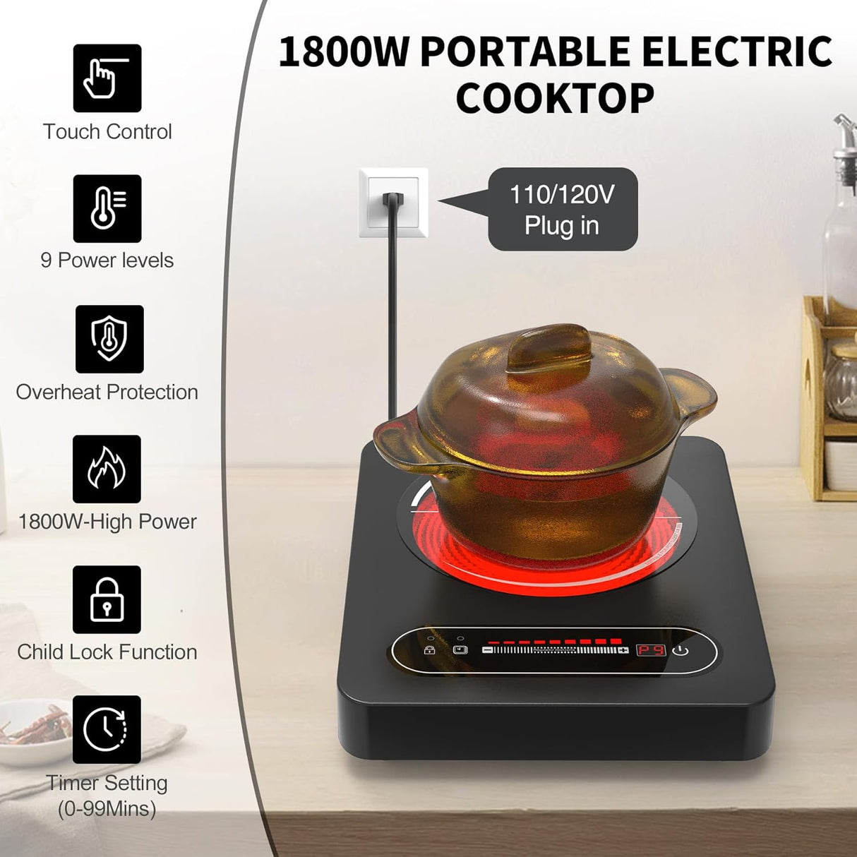 1800W Portable Single Burner Electric Cooktop with LED Touch Control and 9 Power Levels