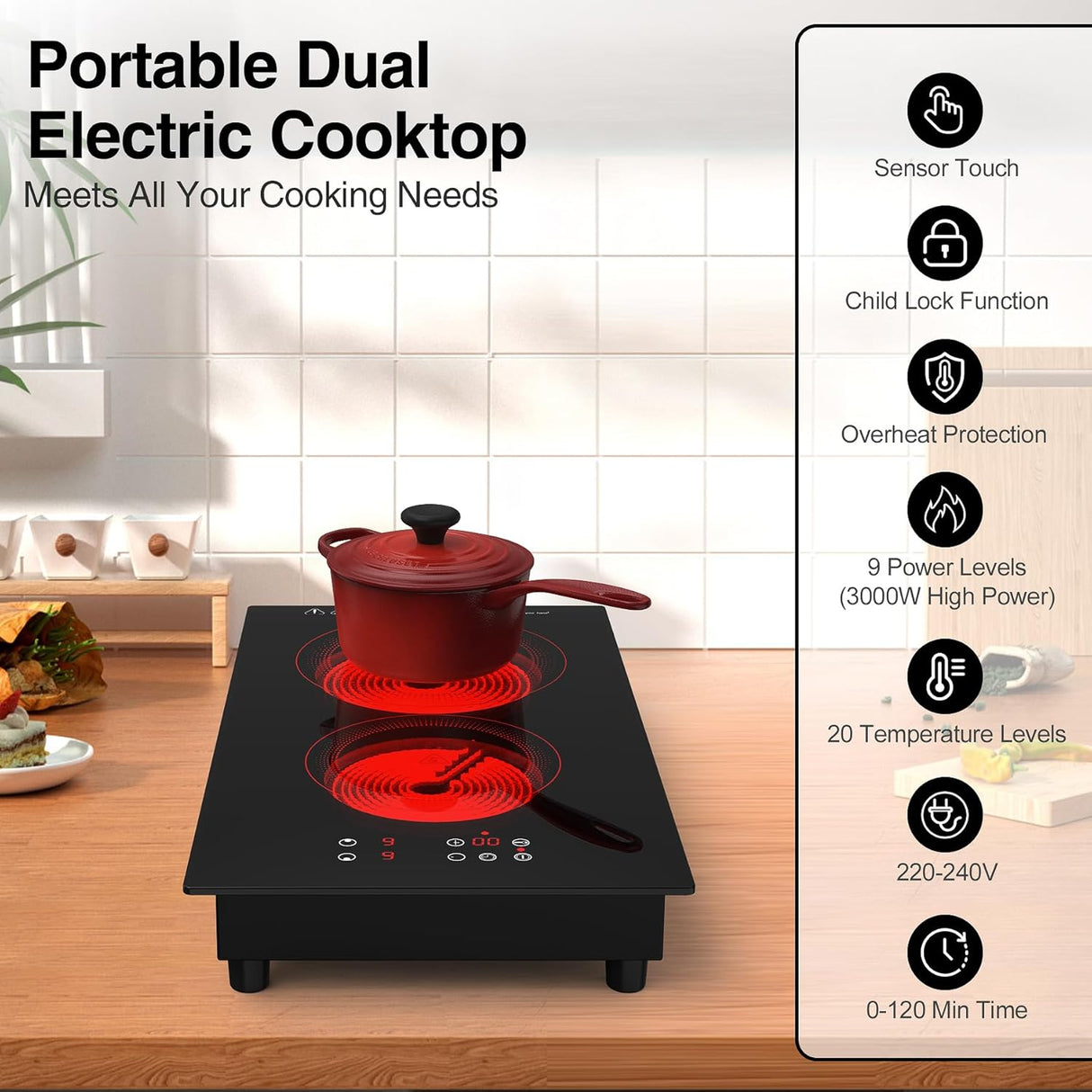 3000W Two Burner Electric Cooktop with Built-in & Countertop Portable Design