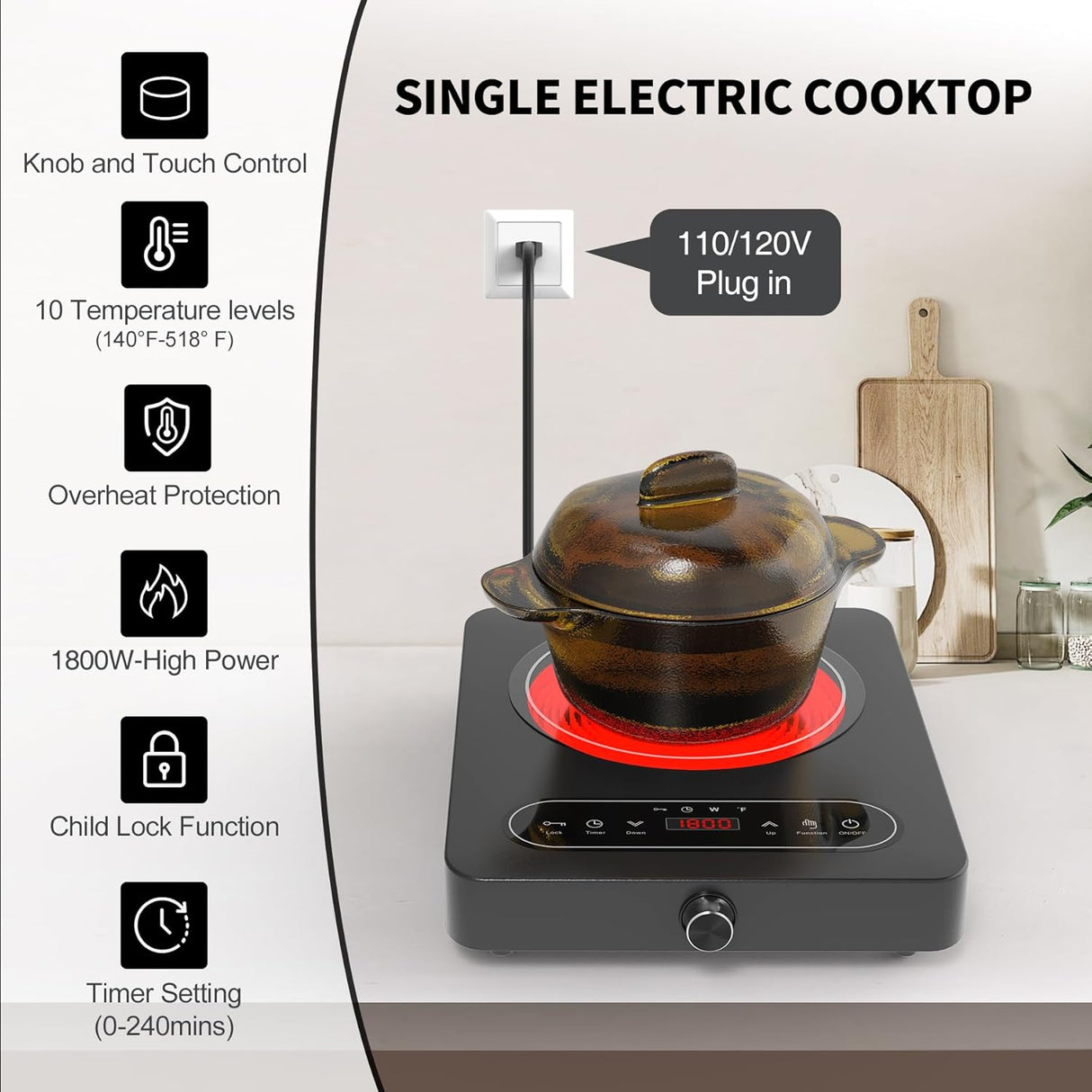 1800W Single Burner Portable Electric Cooktop with LED Touch Controls and Knob Controls