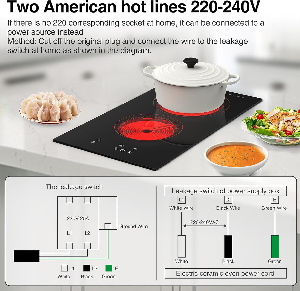 3000W Two Burner Electric Cooktop with Built-in & Countertop Portable Design