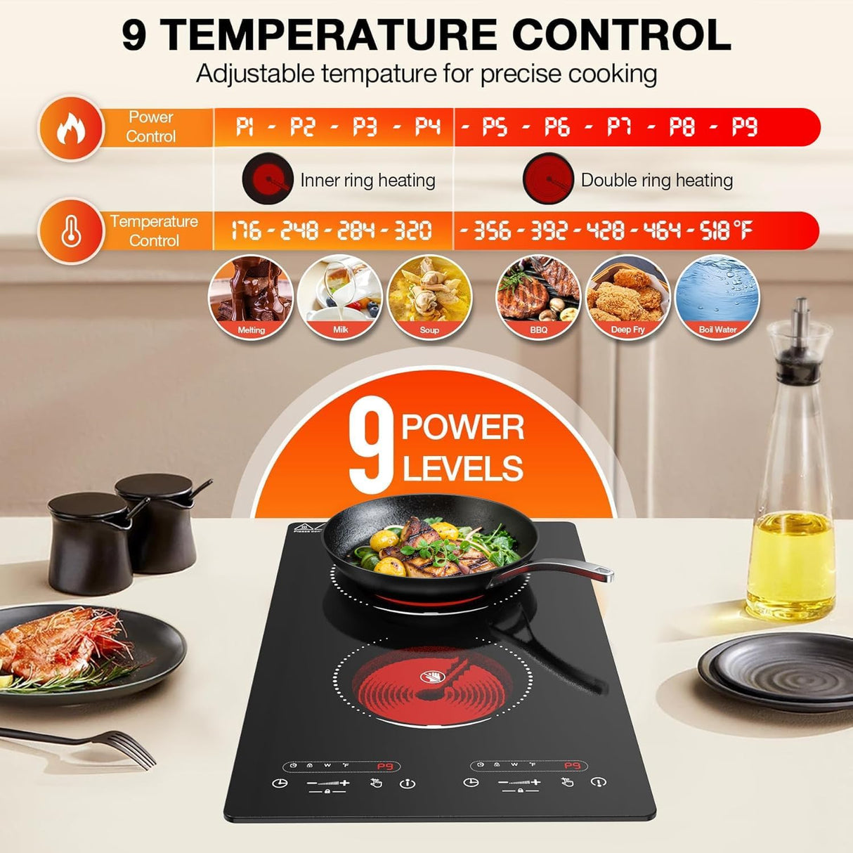 2100W Two Burner Electric Cooktop with Countertop and Built-in Design and 9 Power Levels