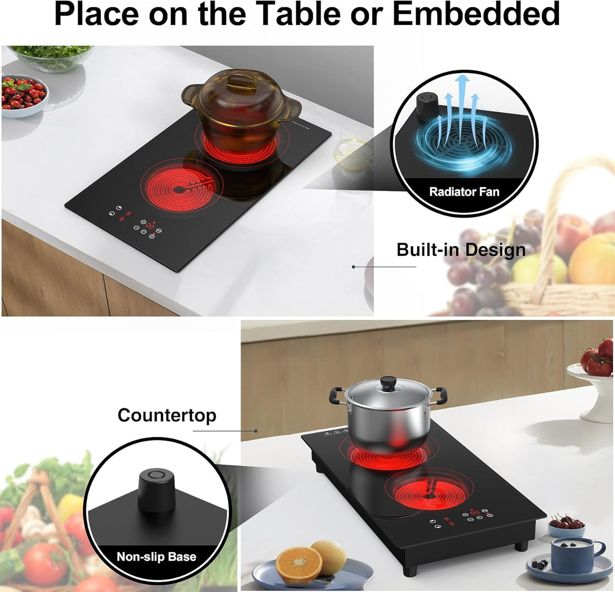 3000W Two Burner Electric Cooktop with Built-in & Countertop Portable Design