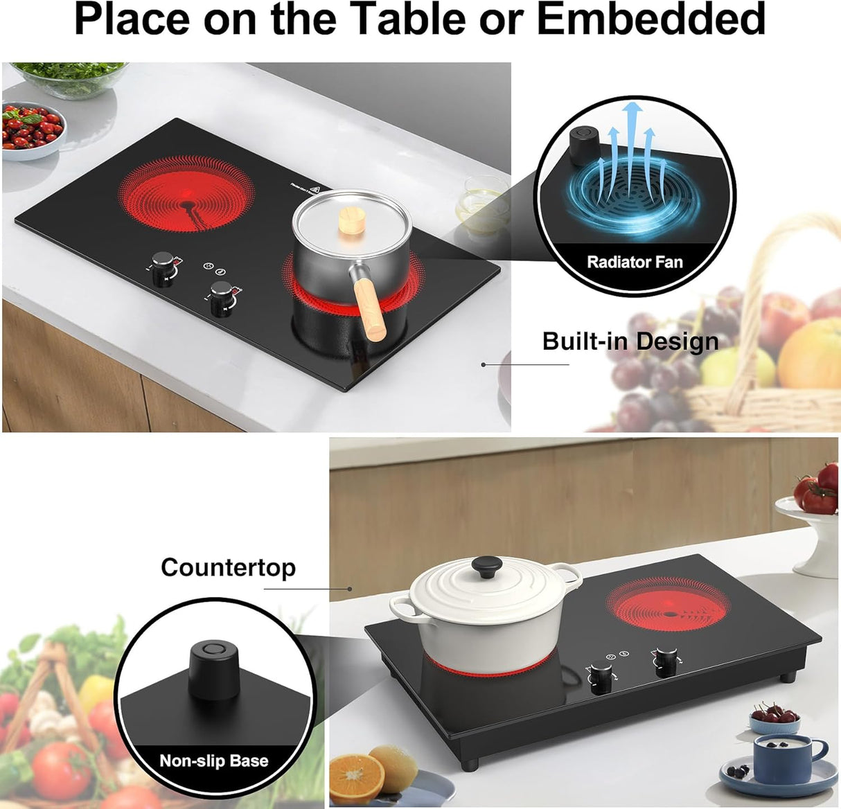 2400W 2 Burner Electric Cooktop with Countertop and Built-in Design