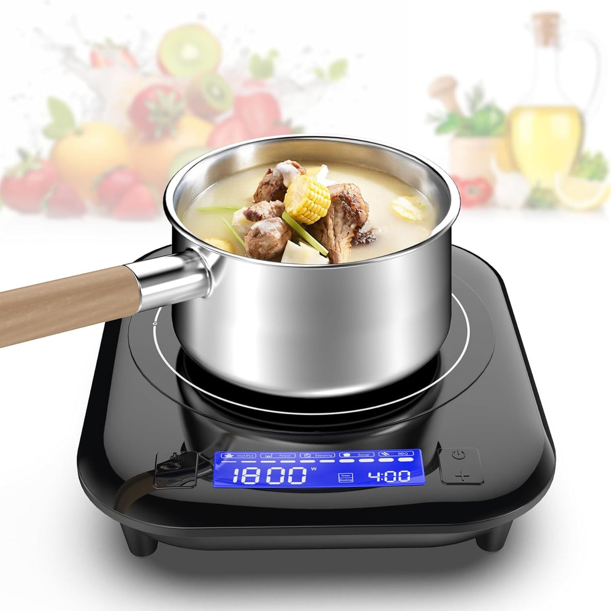 1800W Single Burner Portable Induction Cooktop with 5 Cooking Modes and LCD touch control