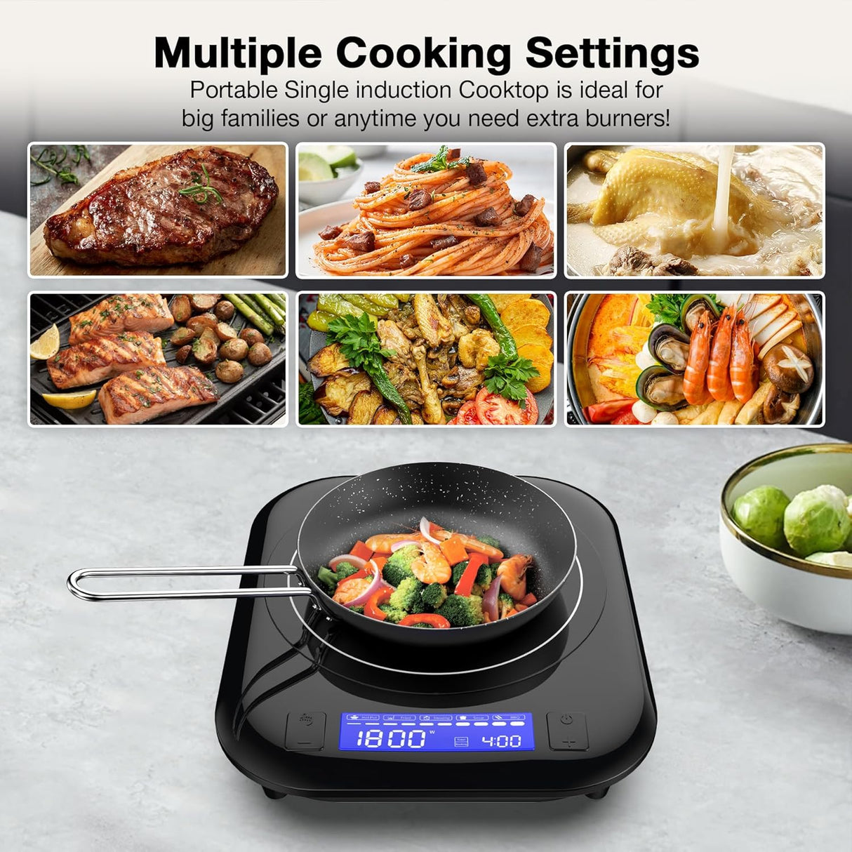 1800W Single Burner Portable Induction Cooktop with 5 Cooking Modes and LCD touch control