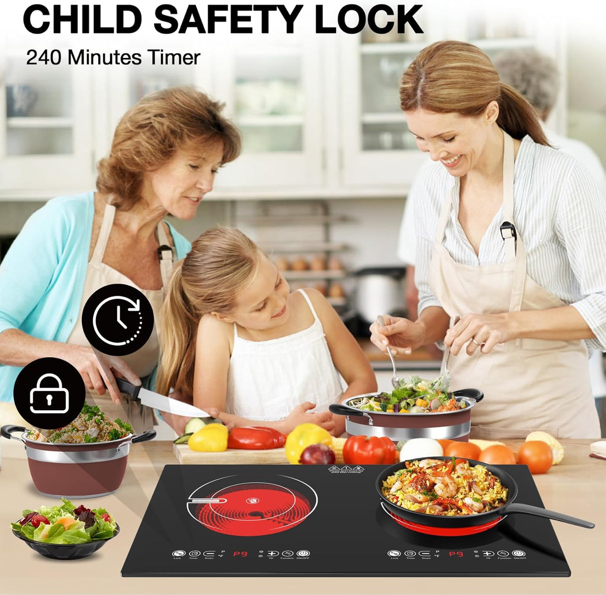 2400W Two Burner Electric Cooktop with Separate Touch Control and 9 Heating Level