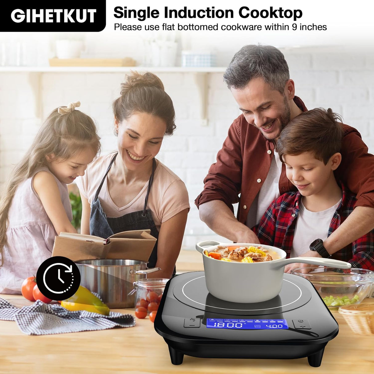 1800W Single Burner Portable Induction Cooktop with 5 Cooking Modes and LCD touch control