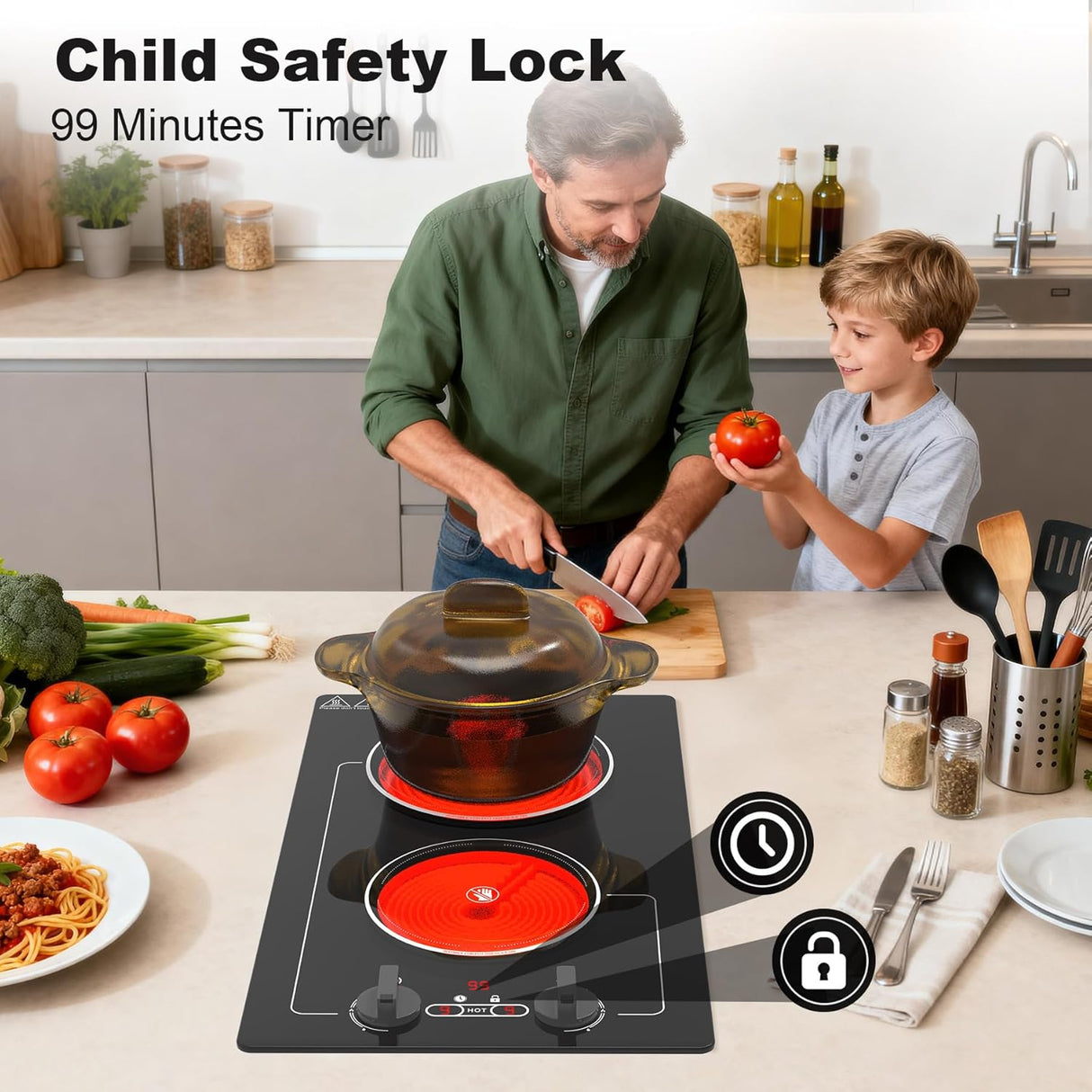 2100W Two Burner Electric Cooktop Knob Control and Touch Control