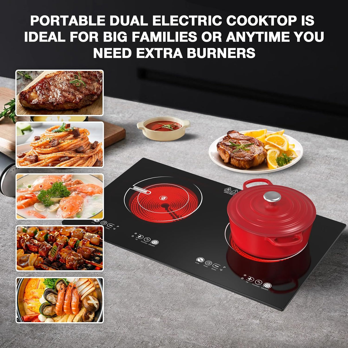 2400W Two Burner Electric Cooktop with Separate Touch Control and 9 Heating Level