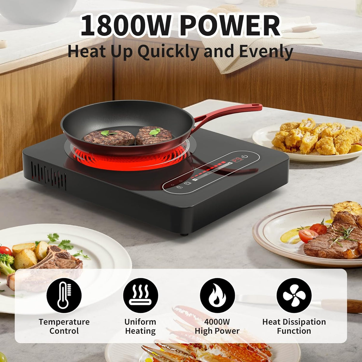 1800W Portable Single Burner Electric Cooktop with LED Touch Control and 9 Power Levels