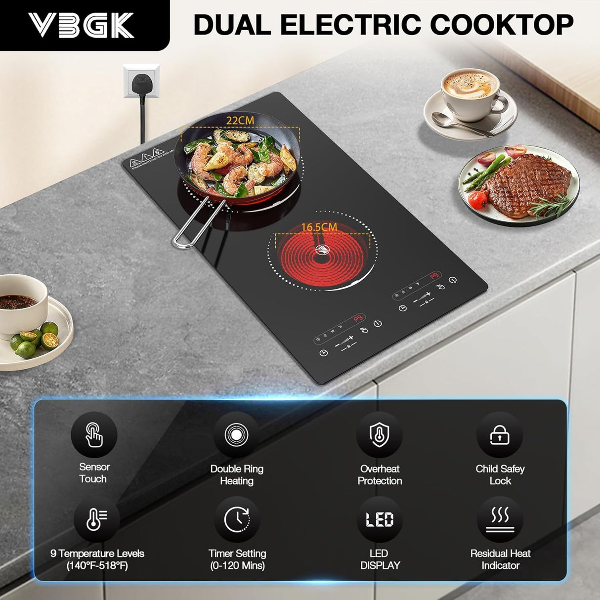 2100W Two Burner Electric Cooktop with Countertop and Built-in Design and 9 Power Levels