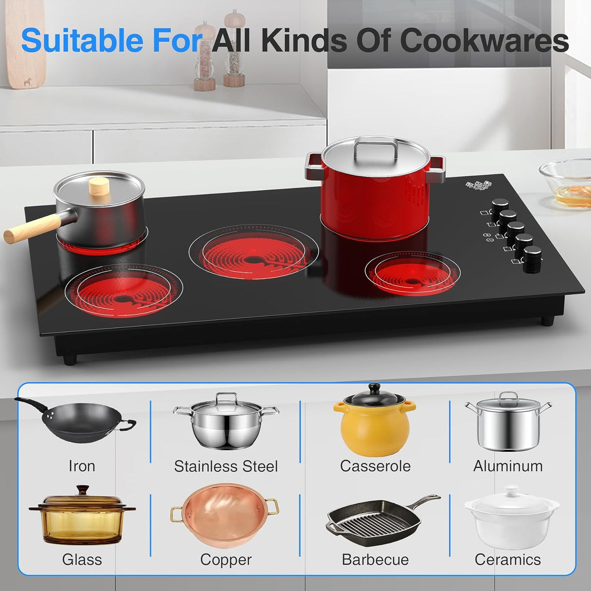 Five Burner Infrared Cooker - 8000W 36 Inch Electric Cooktop with Knob Control and 9 Power Levels