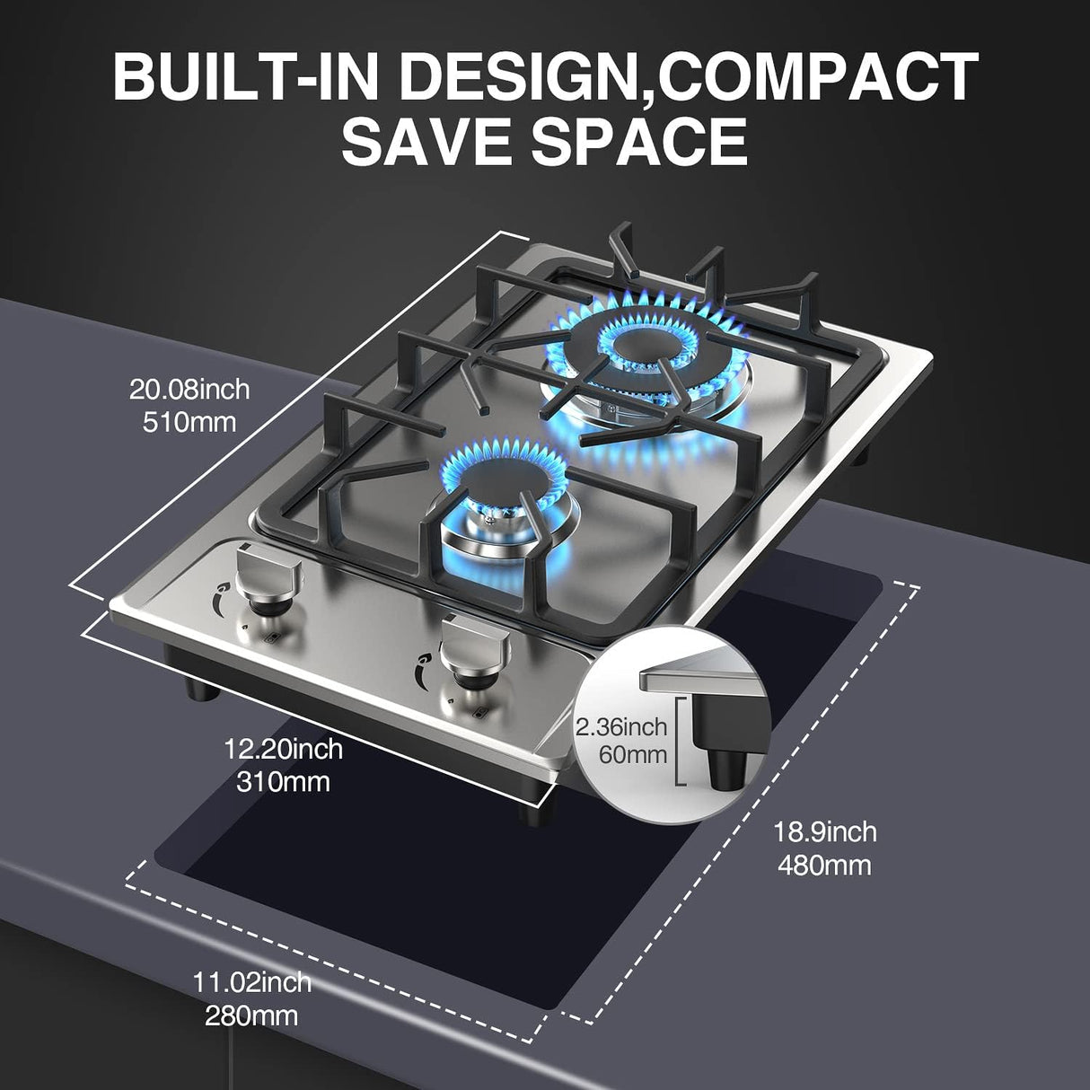 2 Burner Gas Cooktop 12 Inch