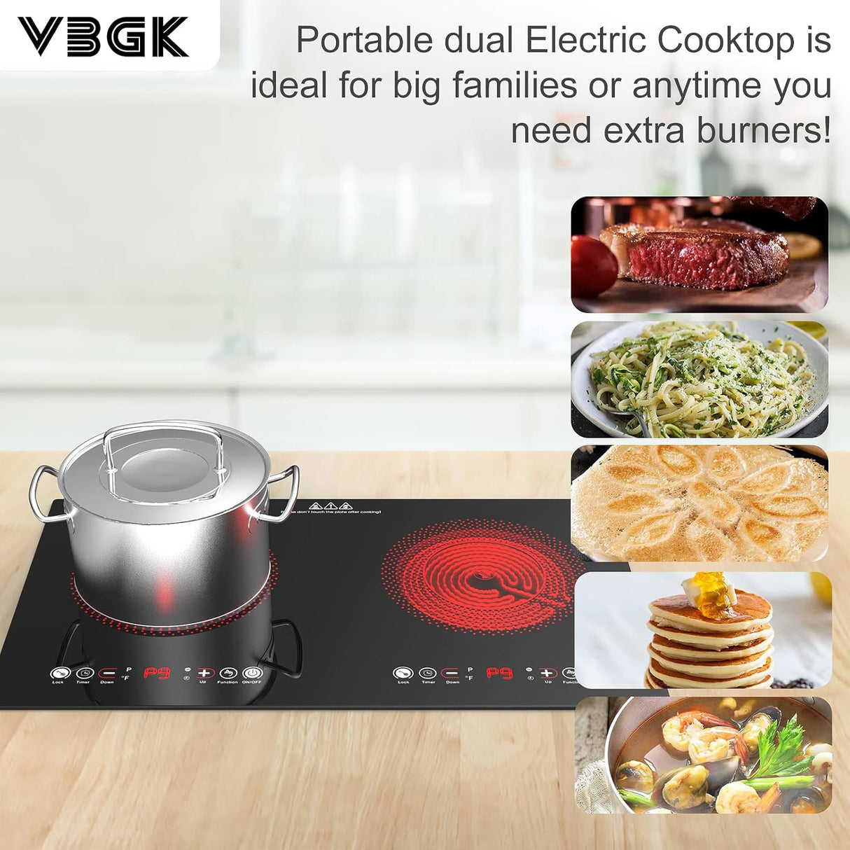 VBGK 2 Burner Electric Cooktop 24 Inch 2200W Infrared Cooker