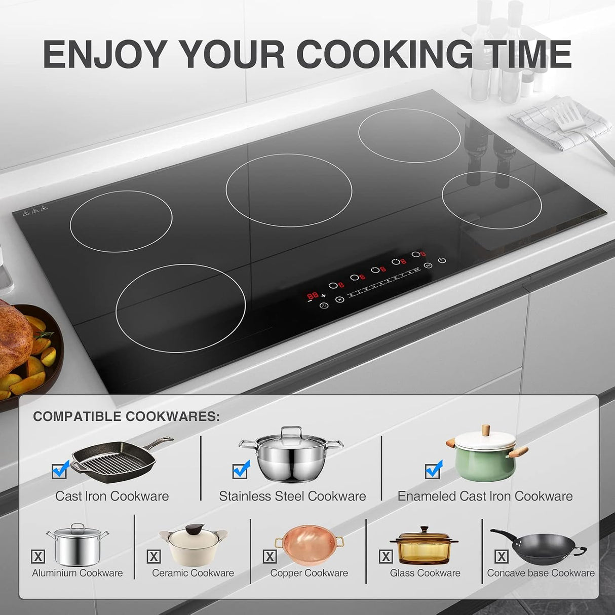 Five Burner Induction Cooktop 36 Inch 7400W Infrared Cooker