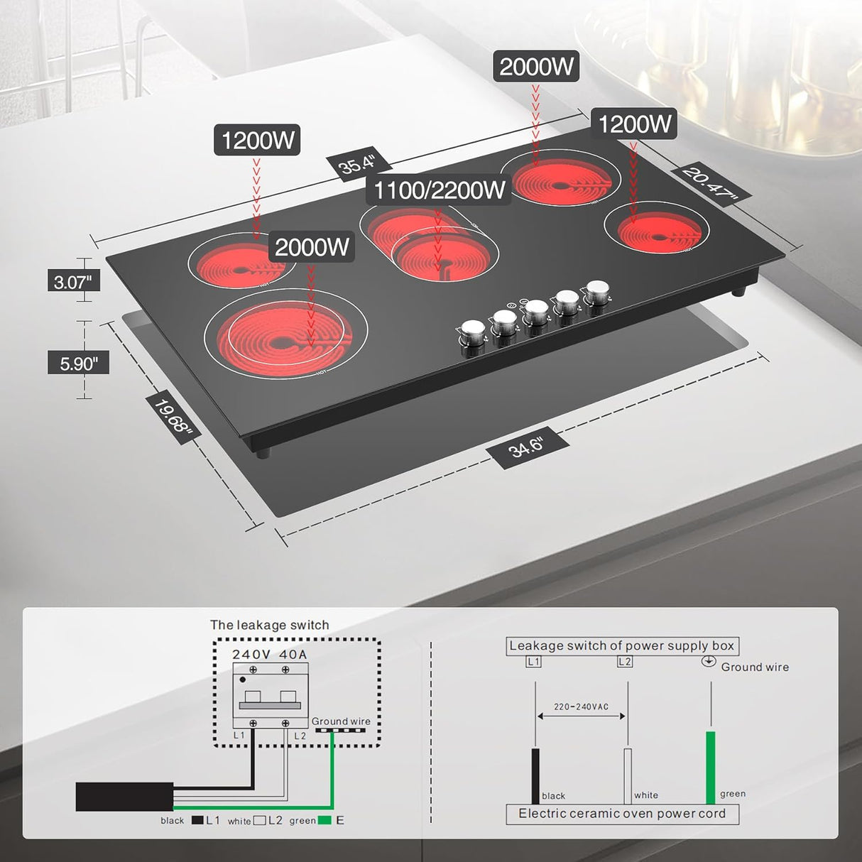 5 Burner Electric Cooktop 36 Inch 8600W Infrared Cooker