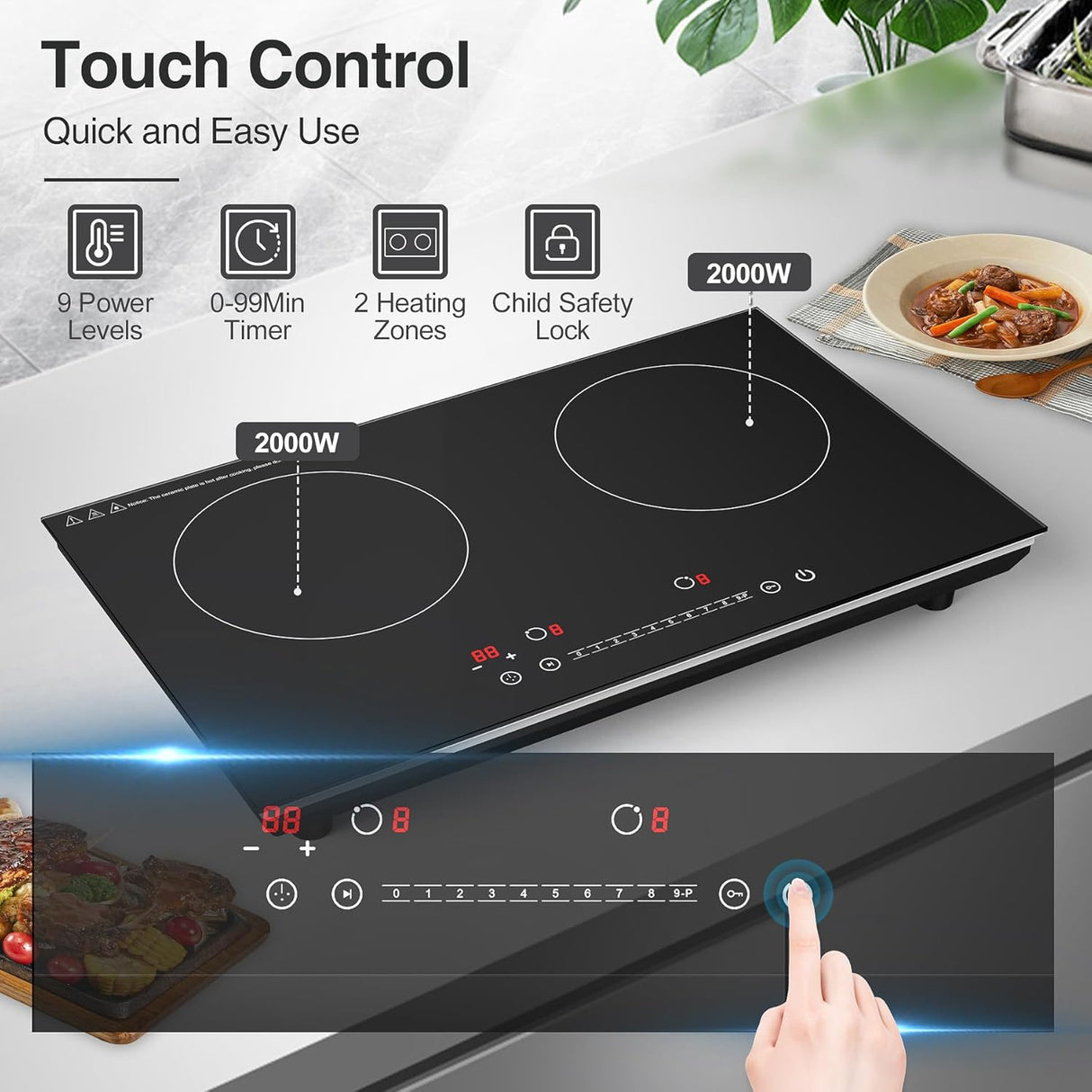 24 Inch Two Burner Induction Cooktop with 4000W Power and LCD Touch Screen for Control