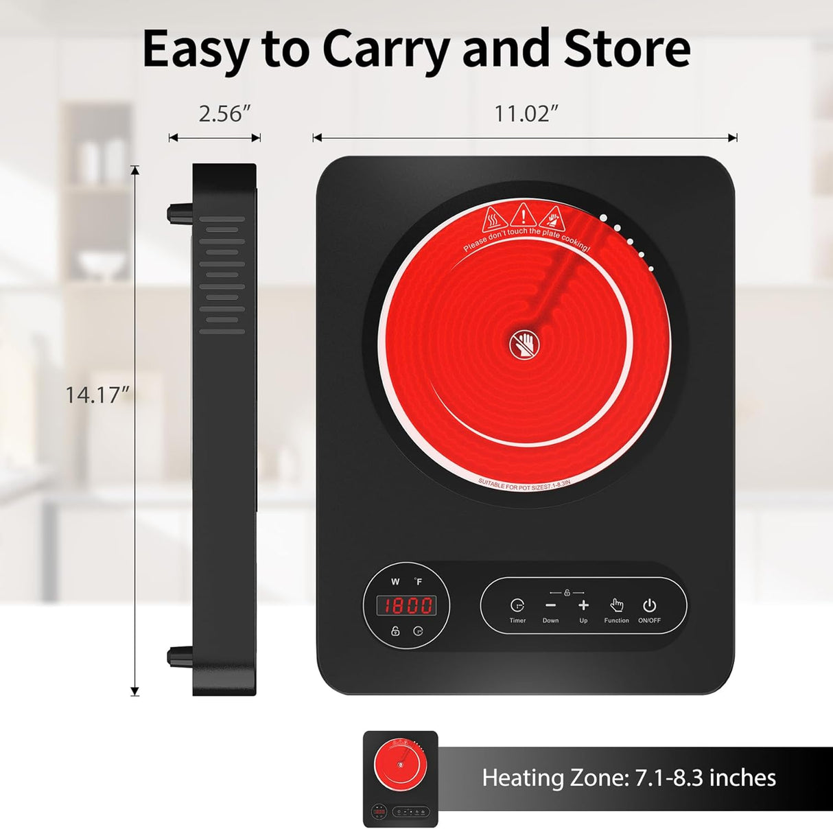 11 Inch Single Burner Portable Electric Cooktop with 1800W Power and LED Touch Control