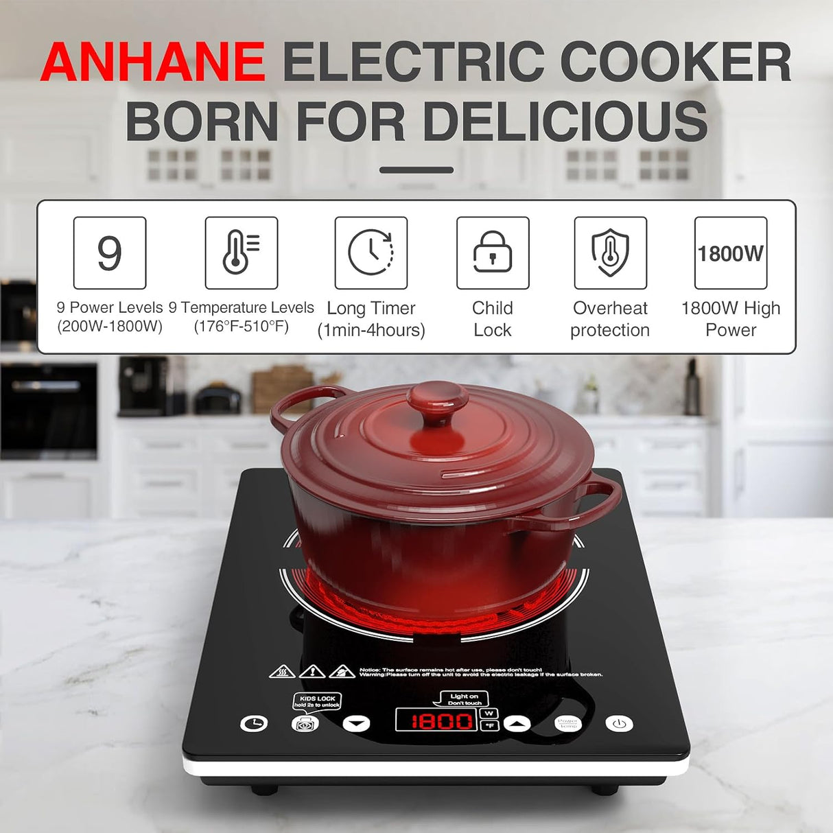 Plug In Single Burner Electric Cooktop 11 Inch 1800W Infrared Cooker