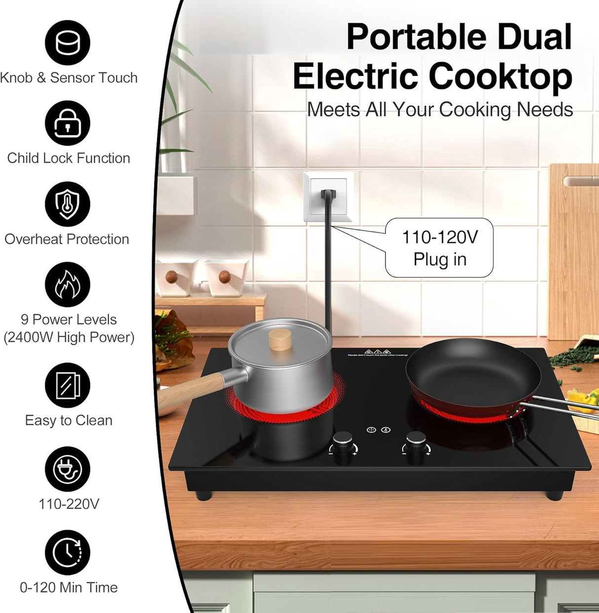 2400W 2 Burner Electric Cooktop with Countertop and Built-in Design