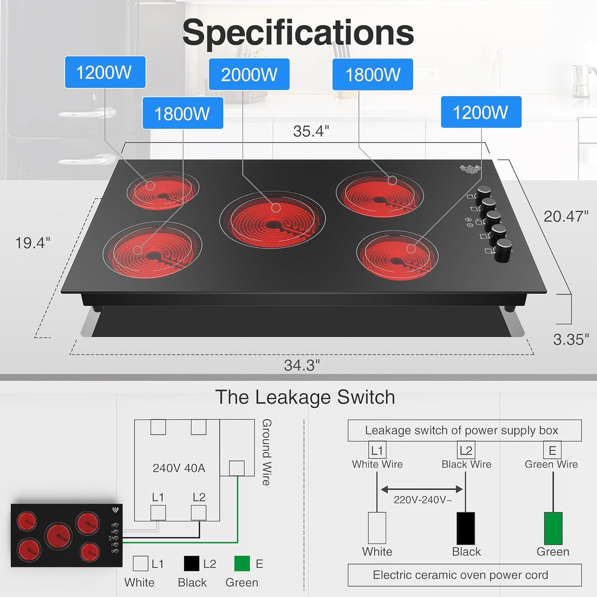 Five Burner Infrared Cooker - 8000W 36 Inch Electric Cooktop with Knob Control and 9 Power Levels