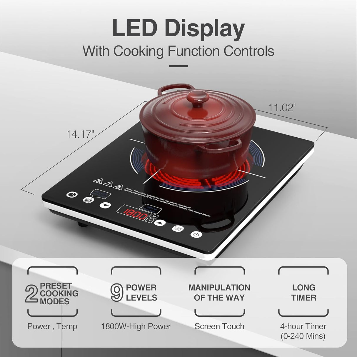 VBGK Single Burner Portable Electric Cooktop 12 Inch 1800W Infrared Cooker