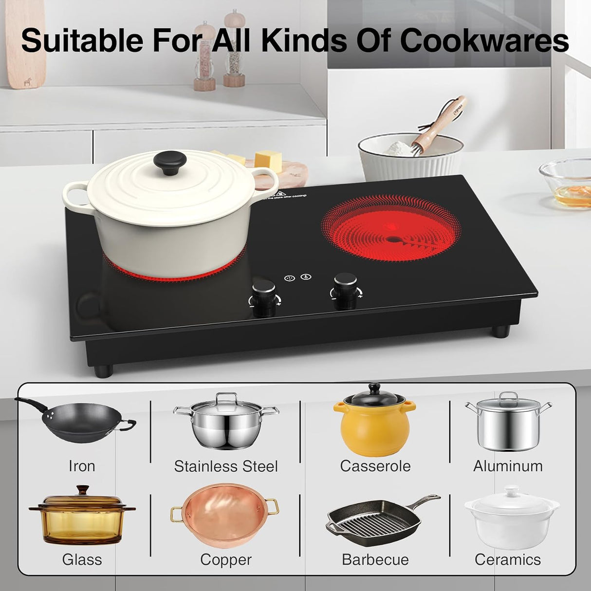 2400W 2 Burner Electric Cooktop with Countertop and Built-in Design