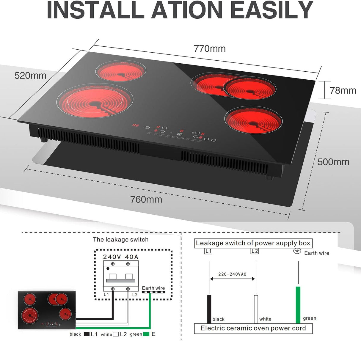 7200W 30 Inch 4 Burner Electric Cooktop with Touch Control Infrared Cooker