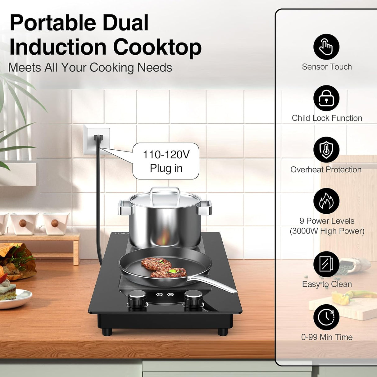 Two Burner Induction Cooktop - 12 Inch Double Induction Stove Top with 3000W Heating Power, Rotary &Touch Control, and 9 Power Levels