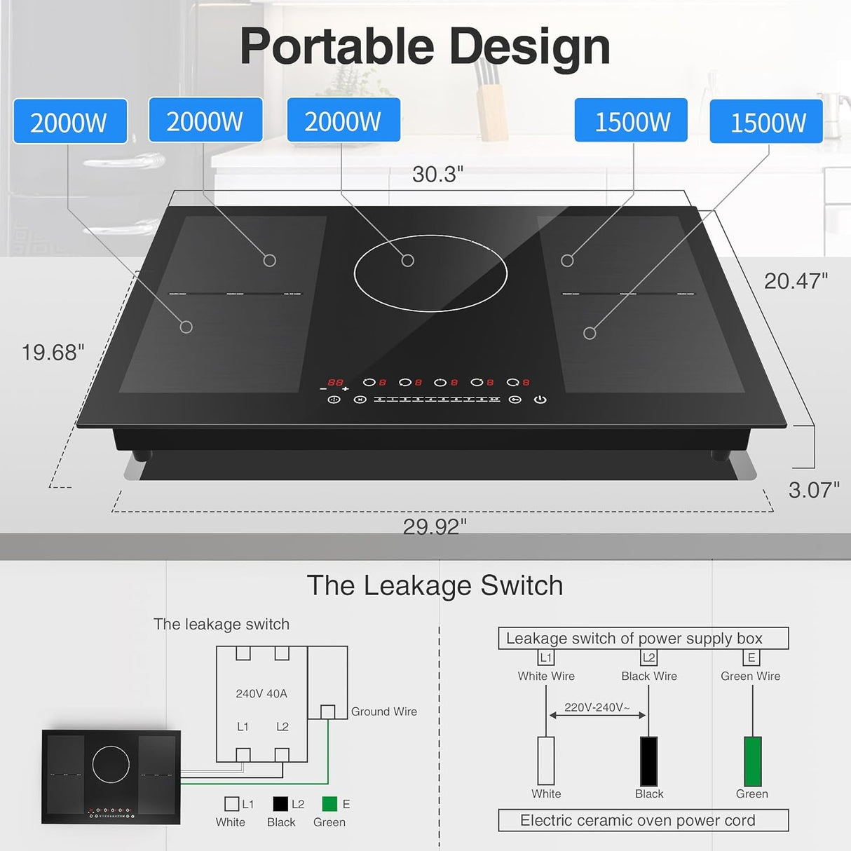 Five Burner Induction Cooktop - 30 Inch Built-in Induction Cooktop wiht 9000W High Power and Touchscreen Control