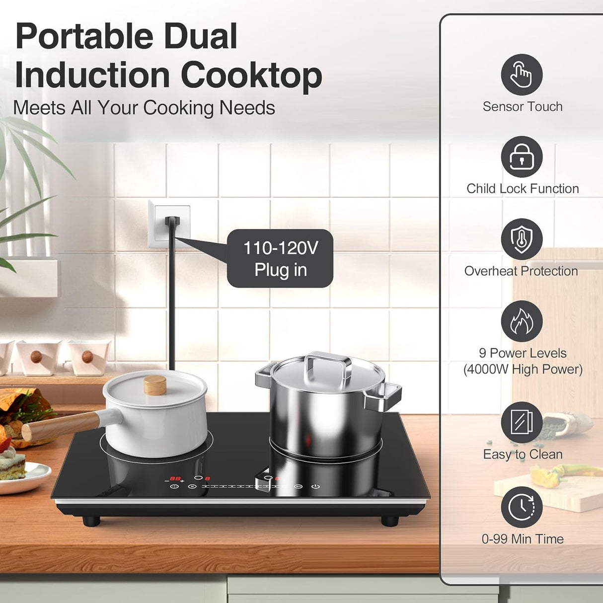 24 Inch Two Burner Induction Cooktop with 4000W Power and LCD Touch Screen for Control