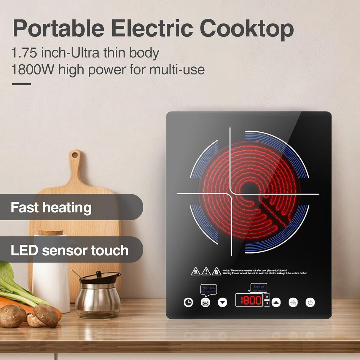 VBGK Single Burner Portable Electric Cooktop 12 Inch 1800W Infrared Cooker