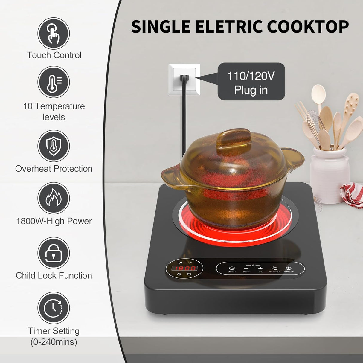 11 Inch Single Burner Portable Electric Cooktop with 1800W Power and LED Touch Control