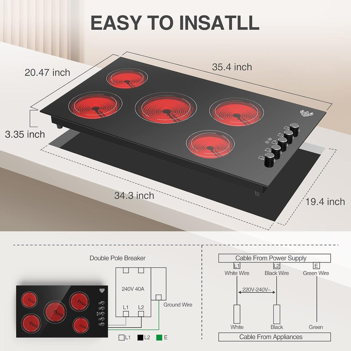 8000W Infrared Cooker 36 Inch 5 Burner Electric Cooktop with Knob Controls