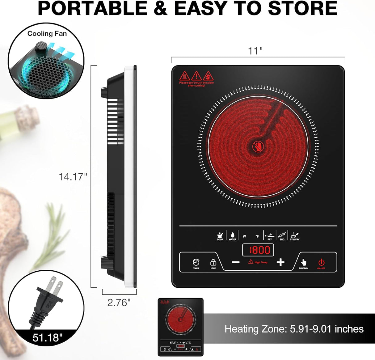 1800W Single Burner Electric Cooktop-Portable Electric Stove Top with LED Touch Control